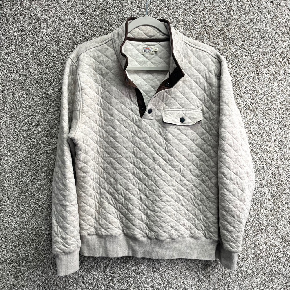 Faherty Sweatshirt Men's M Beige Epic Quilted Fleece Quarter Snap Pullover